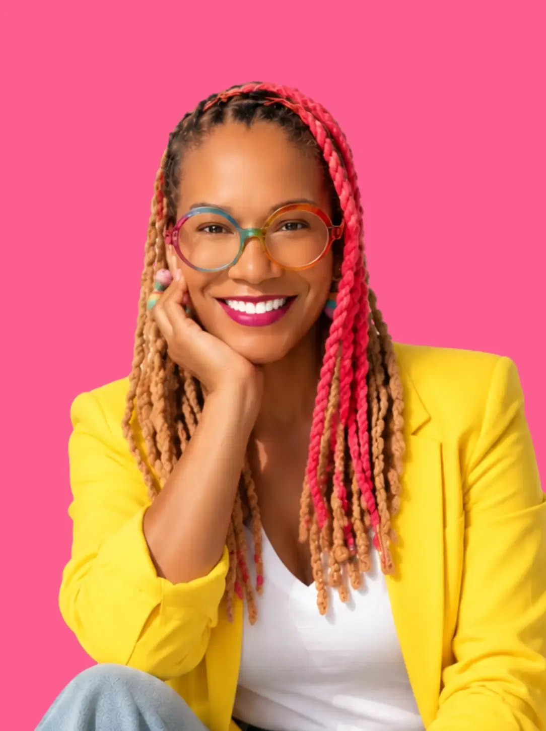 Angela Briggs-Paige smiling in a yellow blazer against a pink background